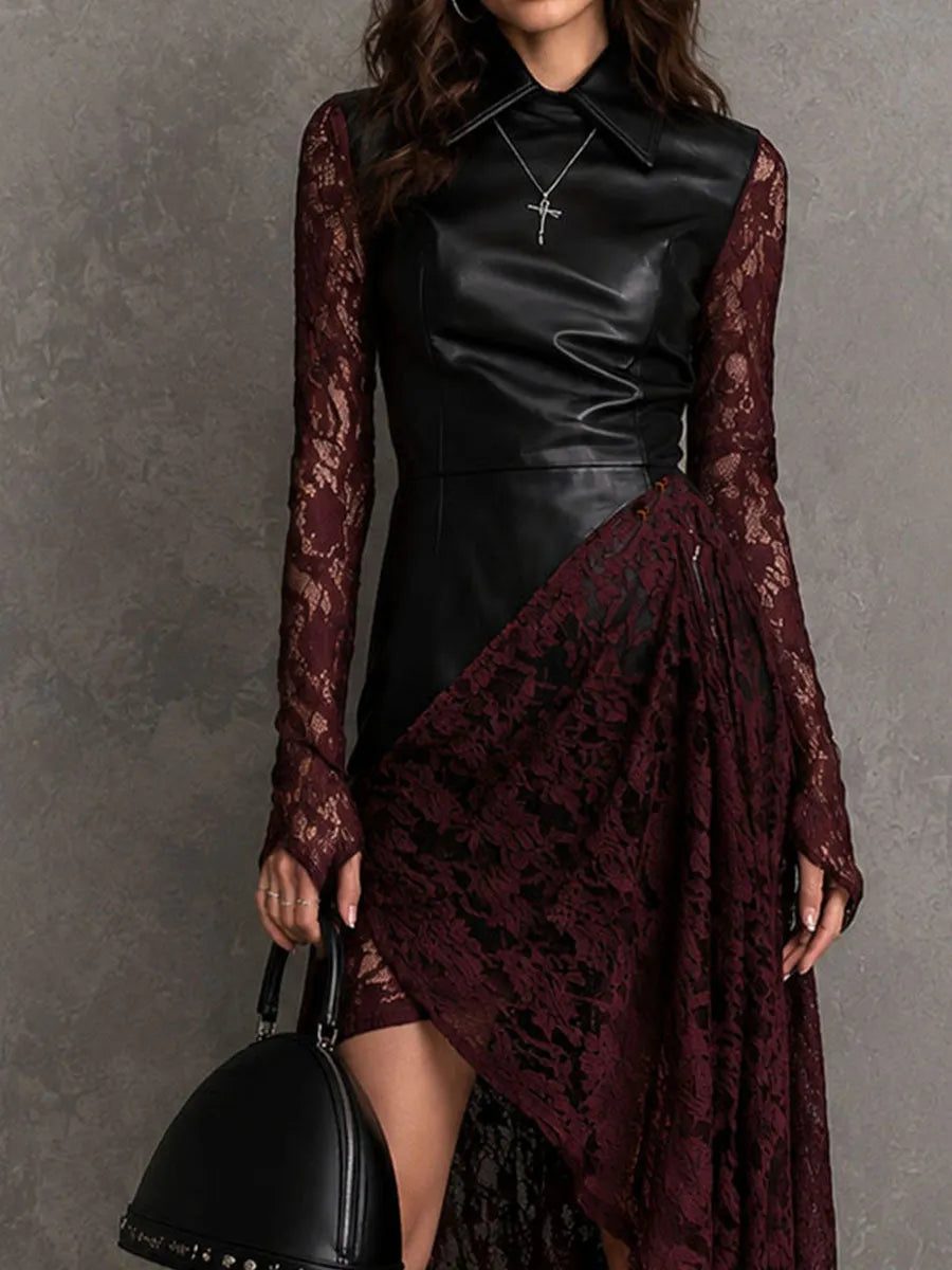 Robe mi-longue gothique en similicuir avec dentelle, manches longues et ourlet irrégulier