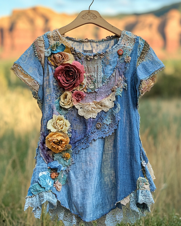 Camisa Floral de Renda com Retalhos de Verão fa88