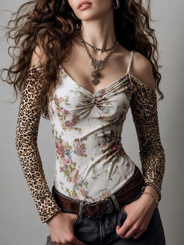 Sexy Leopard Print & Floral Cutout-Shoulder Long-Sleeve T-Shirt