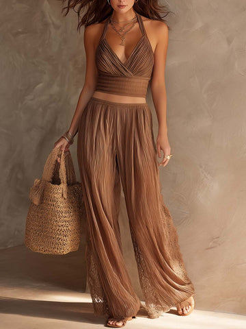 Conjunto Retrô de Chiffon Plissado com Gola Halter e Renda de Duas Peças