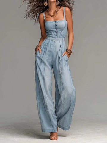 Tuta Lunga Bohemien in Denim con Bretelle Sottili e Gamba Larga