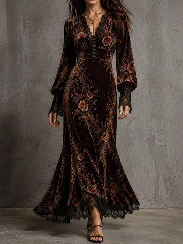 Vestido de Noite Vintage de Veludo com Renda Floral, Decote V e Mangas Bufantes