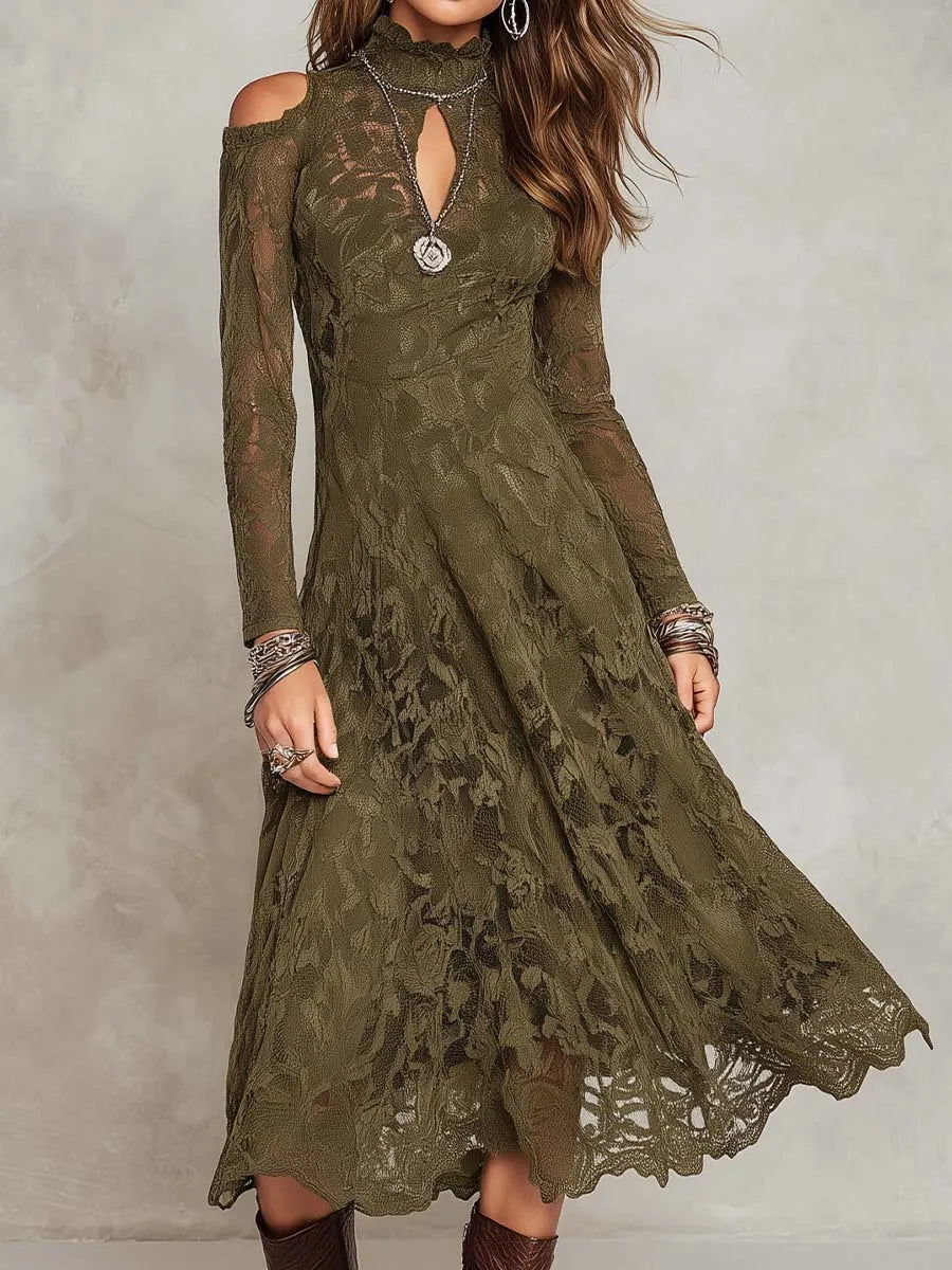Robe midi bohème à col montant, découpe en trou de serrure, épaules dénudées, manches longues et dentelle florale