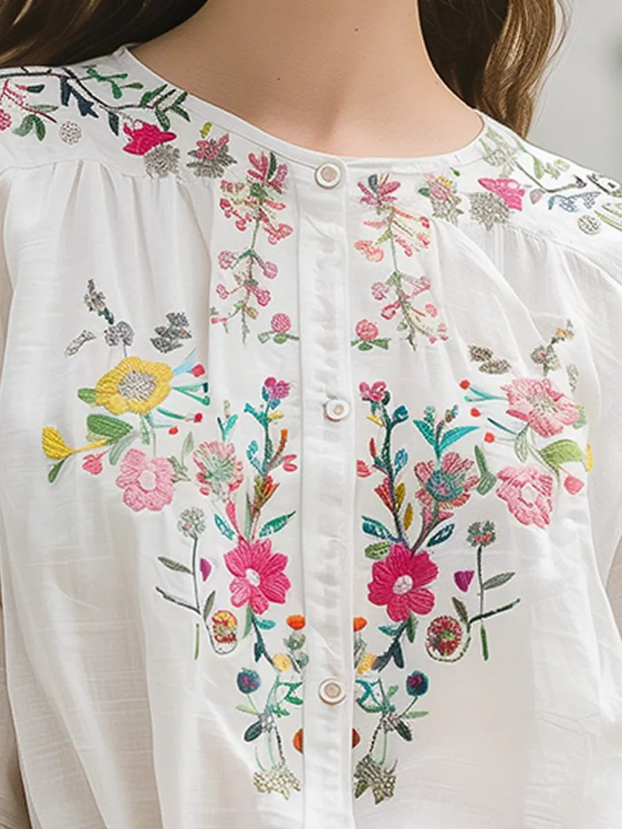 Chemise à manches longues brodée florale en coton et lin