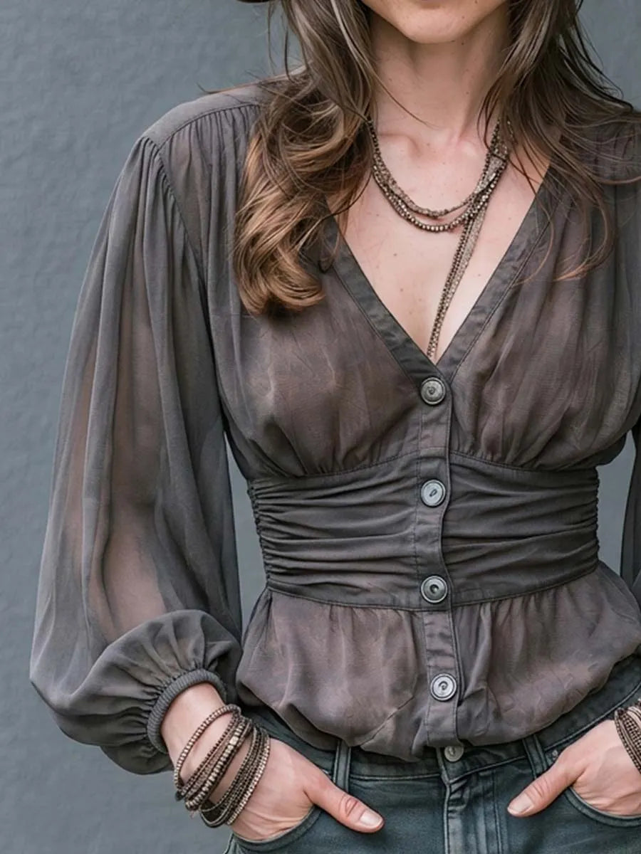Chemisier bohème transparent à décolleté en V profond boutonné et manches évêque