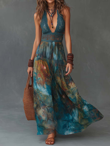 Vestido Longo Frente Única Estampa Aquarela Renda Boêmia