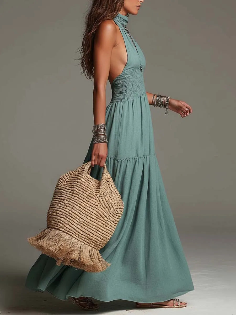 Robe longue bohémienne à smocks étagés en coton et lin avec dos nu