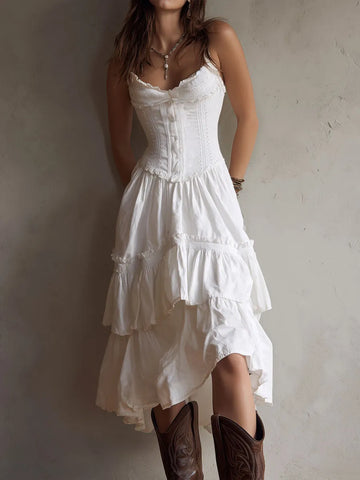 Vestido Midi Corset Boho Retrô Branco em Camadas com Renda