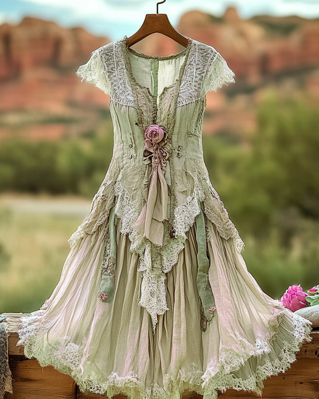 Vestido Roxo com Renda e Patchwork Floral Vintage de Verão 9144