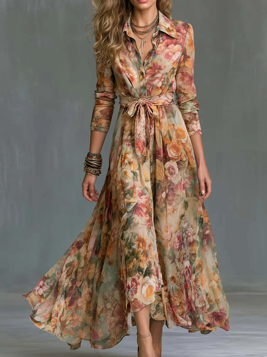 Vintage Floral Belted Shirt Maxi Dress