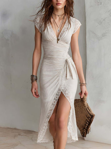 Vestido Midi de Algodão e Linho com Renda Vintage