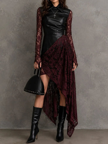 Vestido Midi Gótico de Couro Sintético com Renda, Manga Longa e Barra Irregular