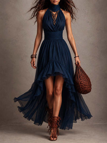 Vestido Maxi Vintage Elegante Azul Marinho Chiffon Gola Halter Babados High-Low