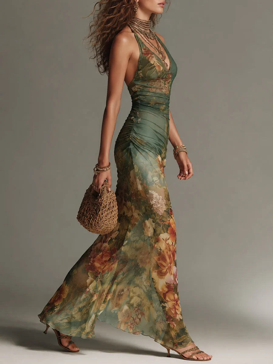 Robe longue en maille moulante à imprimé floral rétro style peinture à l'huile