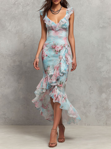 Vestido Midi Floral Babado Azul Celeste Boho com Barra Assimétrica