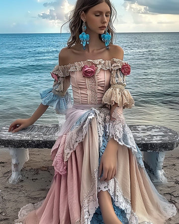 Vestido de verão patchwork de renda bordado floral 132c