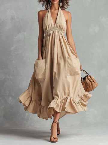 Vestido Midi Boêmio com Alça, Cintura Elástica, Bolsos e Bainha Franzida