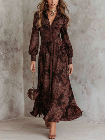 Vestido Midi Estampado Paisley com Manga Longa e Zíper Retrô no Pescoço