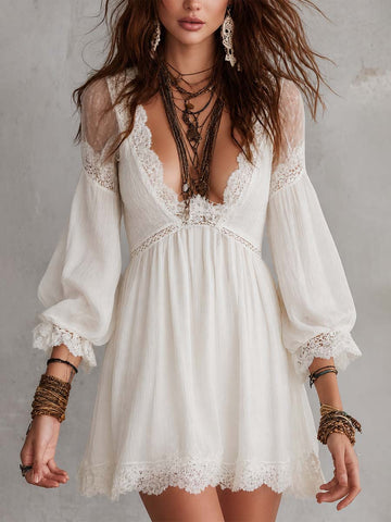 Minivestido Boêmio de Algodão Branco com Renda
