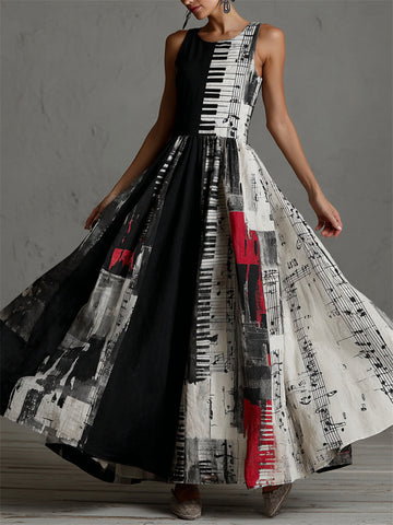 Music Notes Piano Keys Contrast Colorblock Linen Maxi Dress 43c1