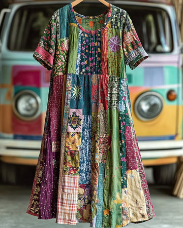 Vestido de algodão e linho com patchwork soltinho para férias de verão 90d2