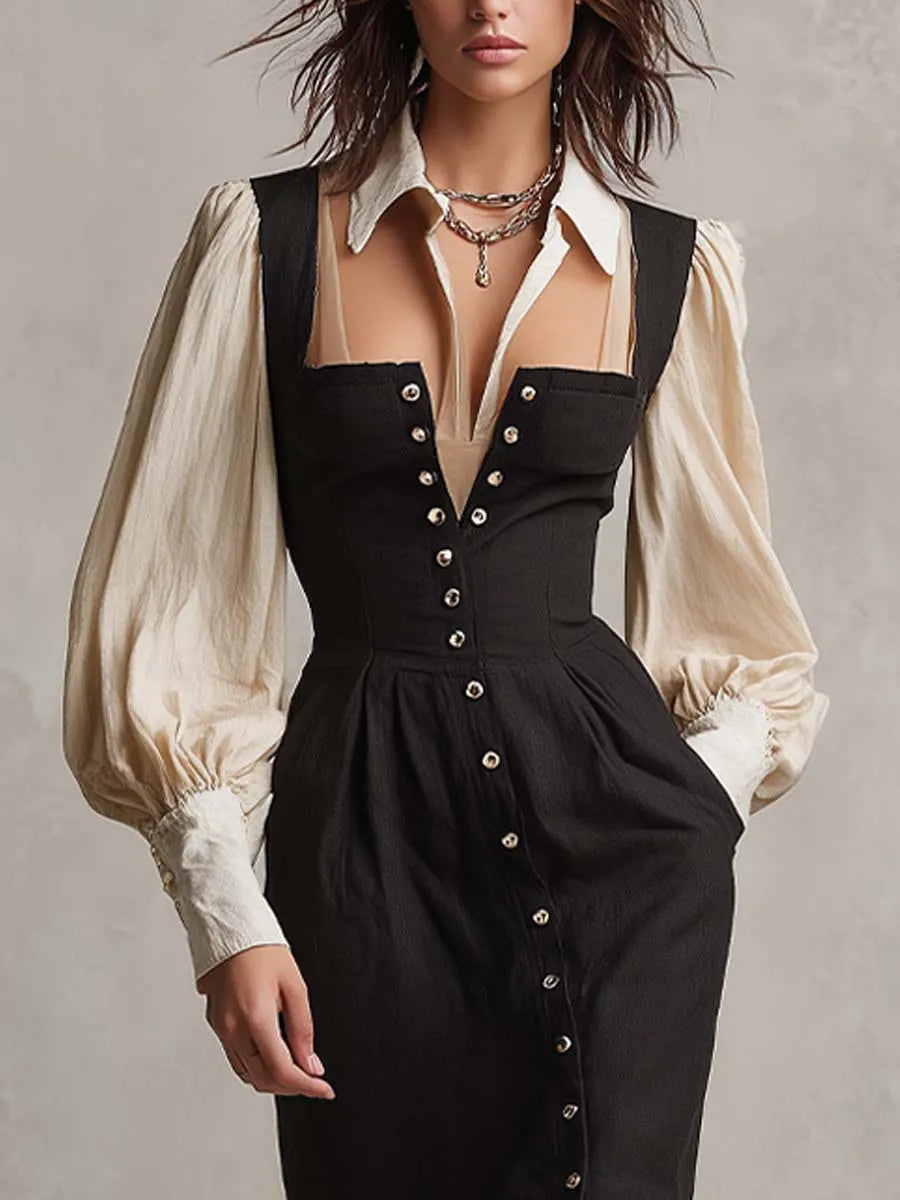 Robe mi-longue vintage corset taille faux superposé chemise patchwork