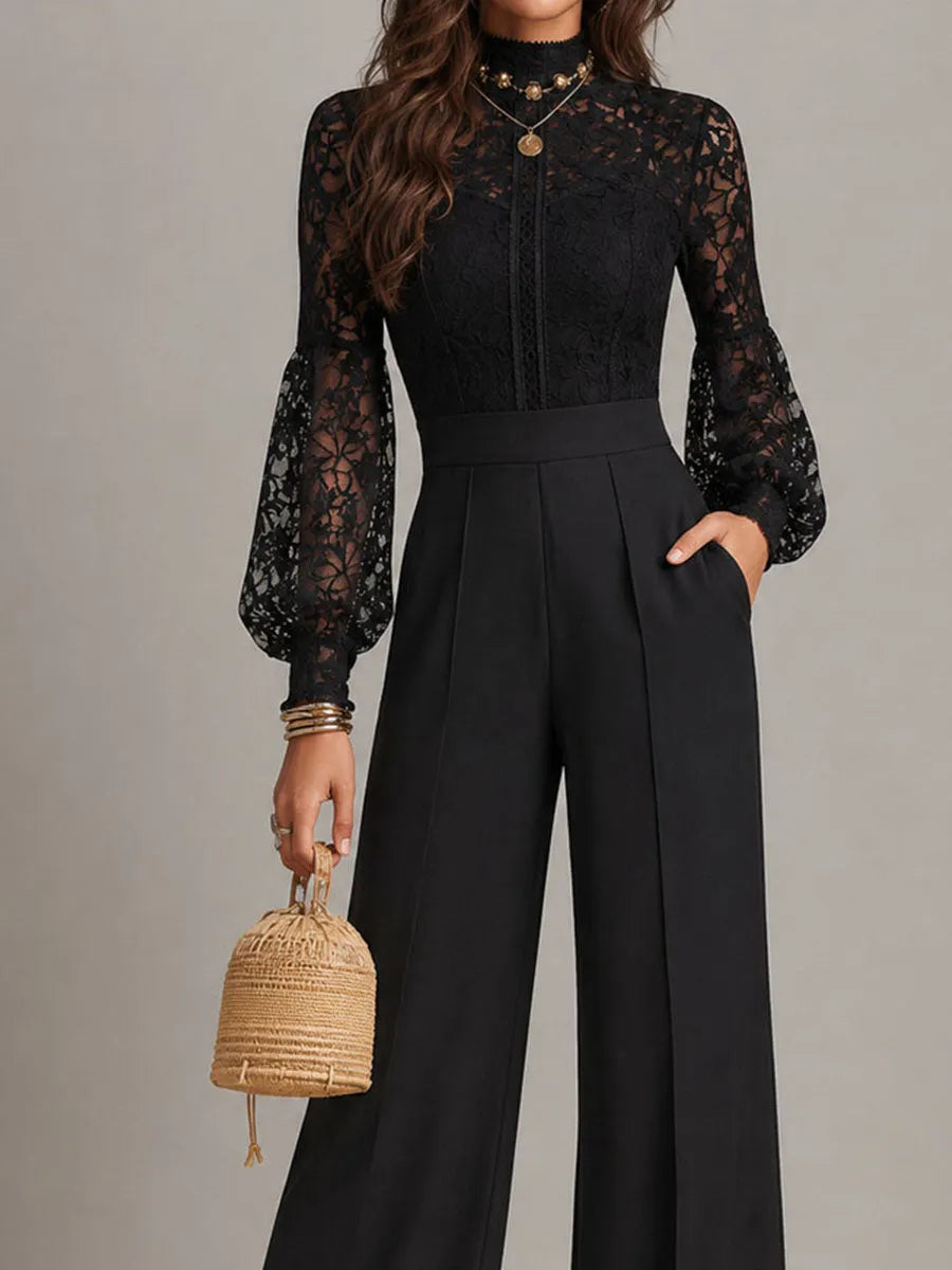 Macacão Rerto elegante preto de renda gola alta com transparência, mangas bufantes de renda e pernas largas