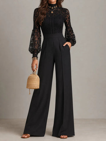 Rerto Elegant Black Lace High Neck Sheer Lace Balloon Sleeves Wide-Leg Jumpsuit