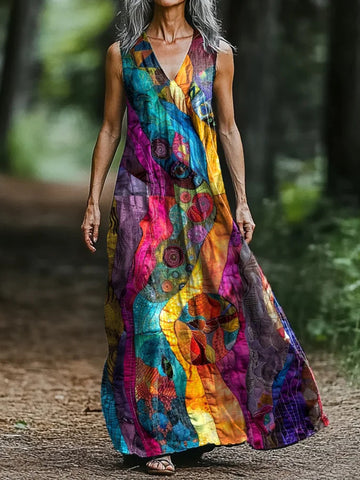 Women's Abstract Rainbow Art Print V-neck Tank Midi Dress b2ec