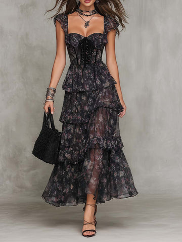 Vestido Midi de Chiffon em Camadas com Espartilho Floral Gótico