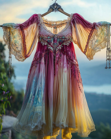 Vestido Rodado de Renda com Contraste para Férias de Verão 5196
