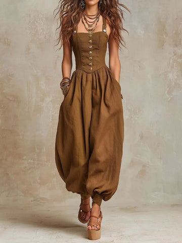 Combinaison sarouel-corset bohème en coton et lin