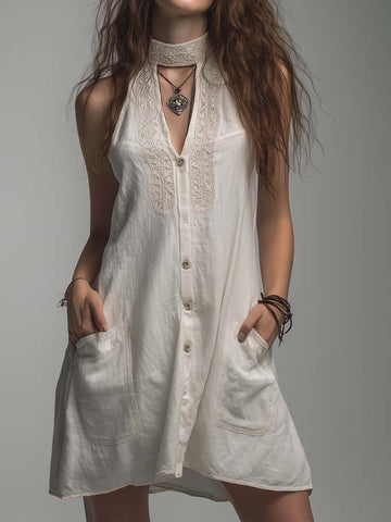 Vestido Túnica Halter Bordado em Mistura de Linho e Algodão Off-White