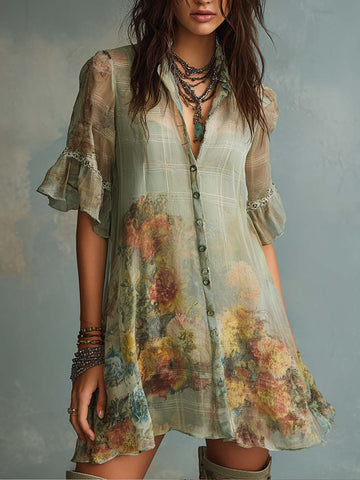 Mini Vestido de Chiffon Estampado Floral com Xadrez Retrô