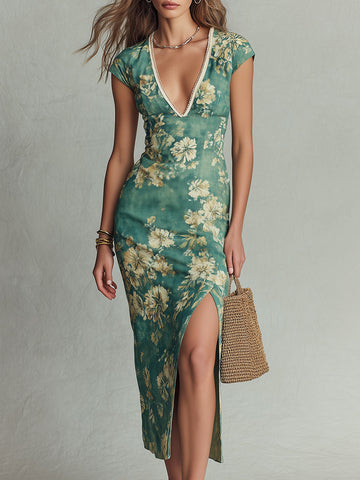 Vintage Floral Print Slit Hem Midi Dress With Lace Trim