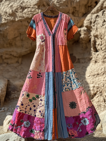 Vestido Feminino Retrô Floral com Costura Artística de Algodão e Linho Manga Curta 7d20