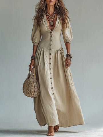Vestido Longo Abotoado em Algodão Slub Boho-Chic