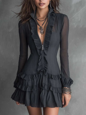 Boho Zip Front Ruffle Trim Sheer Long Sleeve Tiered Mini Dress