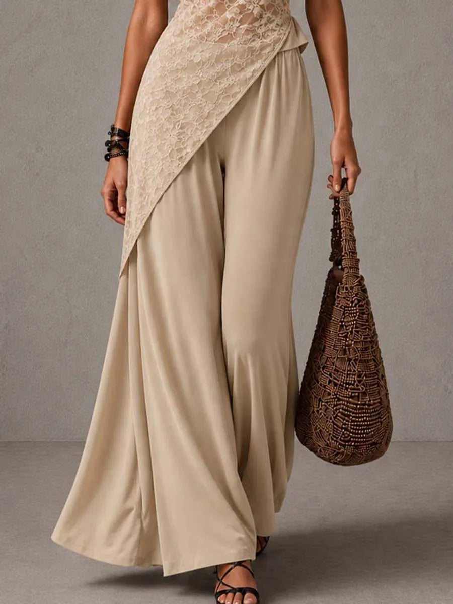 Ensemble 2 pièces asymétrique en dentelle vintage et pantalon à jambes larges