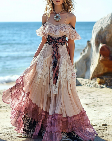 Robe en lin patchwork dentelle bord de mer vacances d'été d8f5