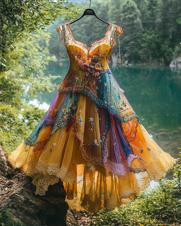 Vestido de Babado com Patchwork de Renda Irregular e Miçangas de Verão a732