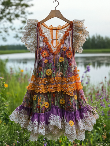 Vestido de Verão com Babados, Renda e Contraste de Cores a9f8