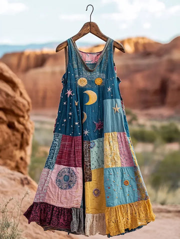 Vestido de verão solto de algodão e linho com patchwork 70d1