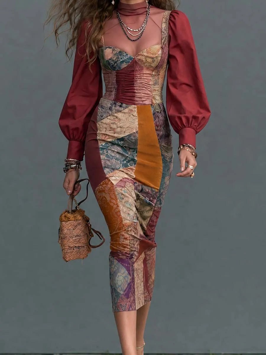 Robe mi-longue bohème style patchwork avec manches évêque et corset
