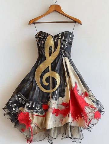 Vestido Retrô Elegante Tema Musical com Costura Irregular 7357