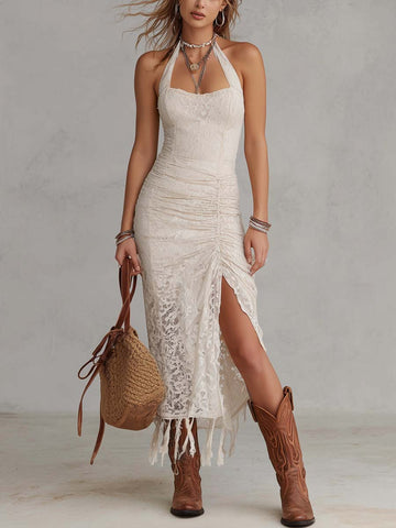 Boho Vintage Halter-Neck Lace Tasseled Hem Midi Dress
