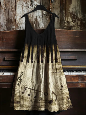 Vestido de Linho Vintage com Notas Musicais e Teclas de Piano Contraste 7fe3