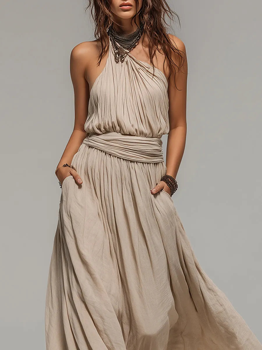 Robe longue plissée trapèze bohème asymétrique à volants et bordure en dentelle