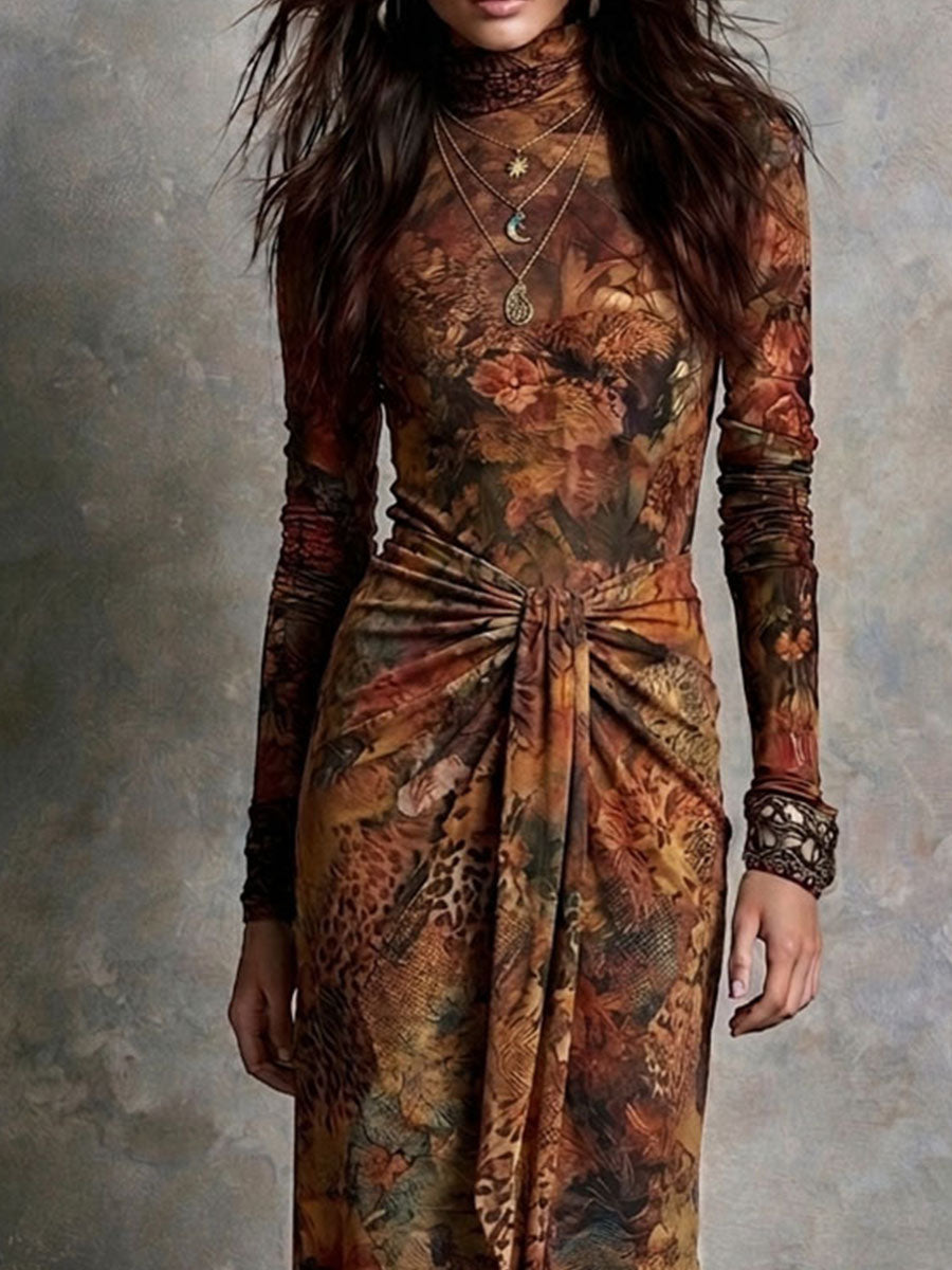 Robe longue vintage à imprimé floral, léopard, taille nouée et col montant