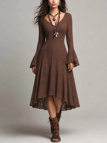Vestido Midi Retrô com Mangas Flare e Renda
